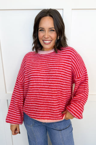 Cozy Season Stripe Knit Sweater in Red & Pink