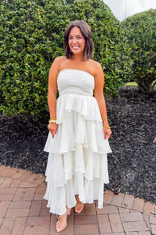 Save The Date Tiered Midi Dress in Ivory
