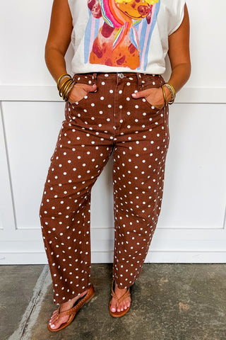 The Riley Barrel Polka Dot Pants in Chocolate Brown