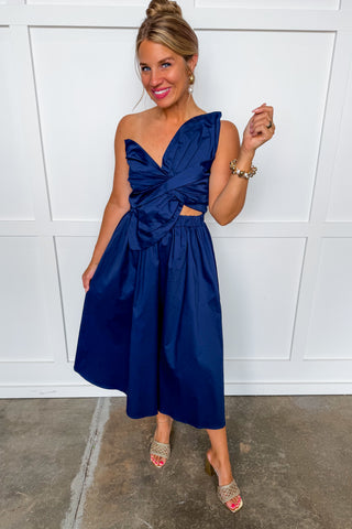 Center Stage Bow Midi Dress in Navy