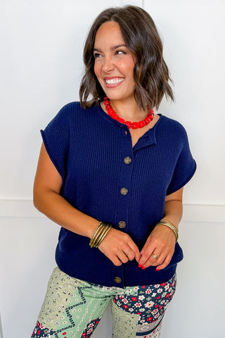 Navy Color Pop Button Knit Top