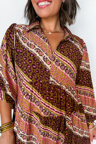 All Mixed Up Print Shirt Dress in Brown