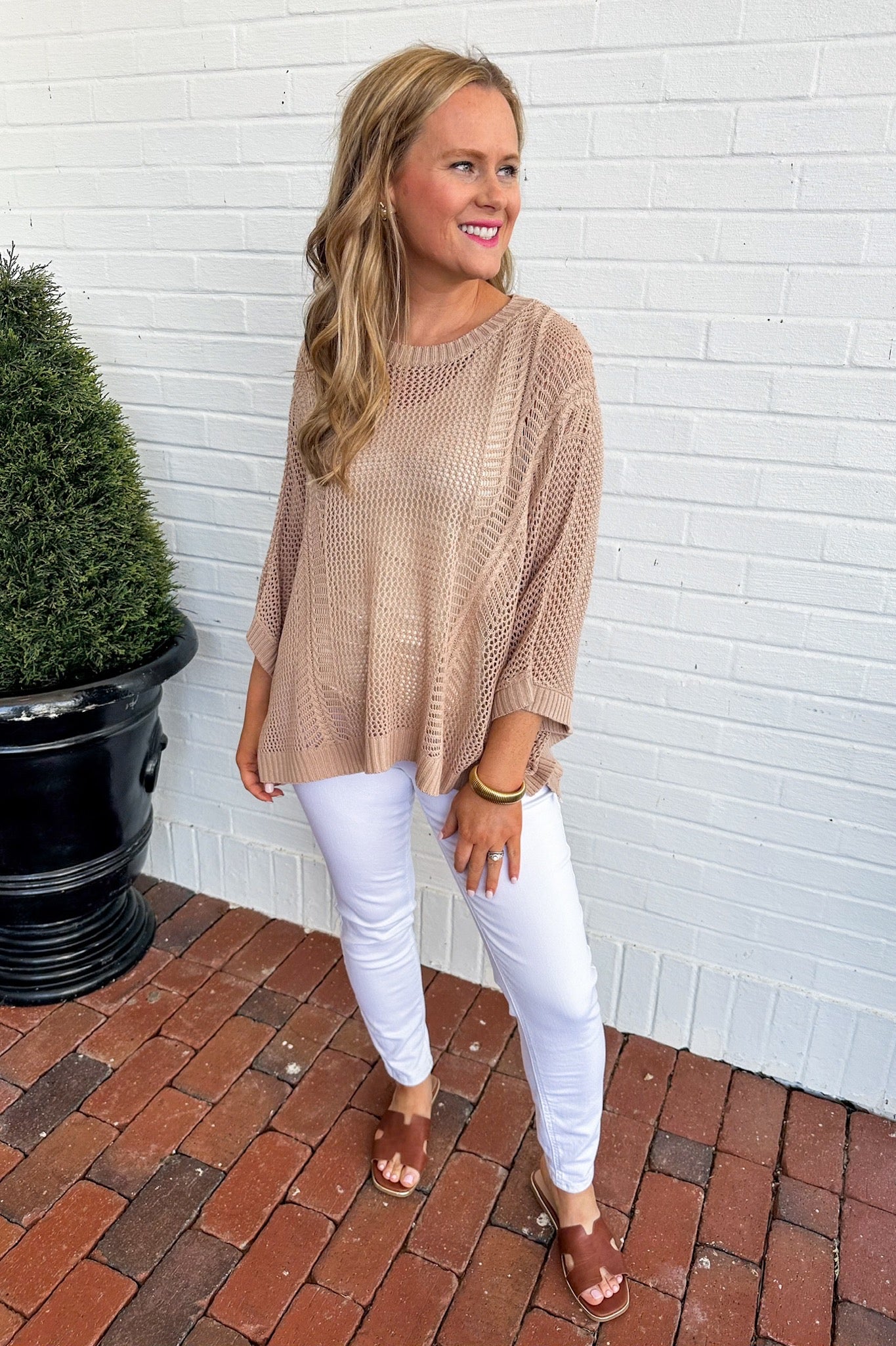 Open Knit Poncho Style Taupe Top