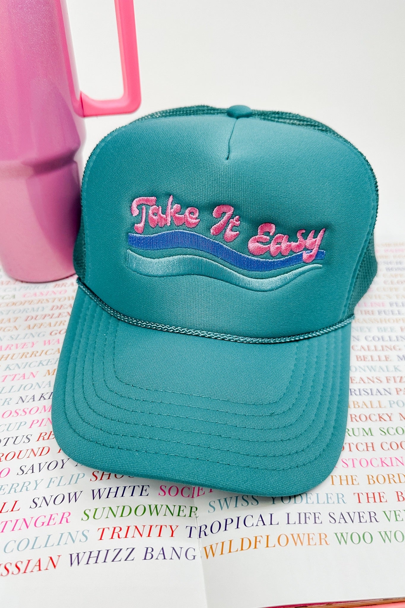 Take It Easy Embroidered Teal Trucker Hat