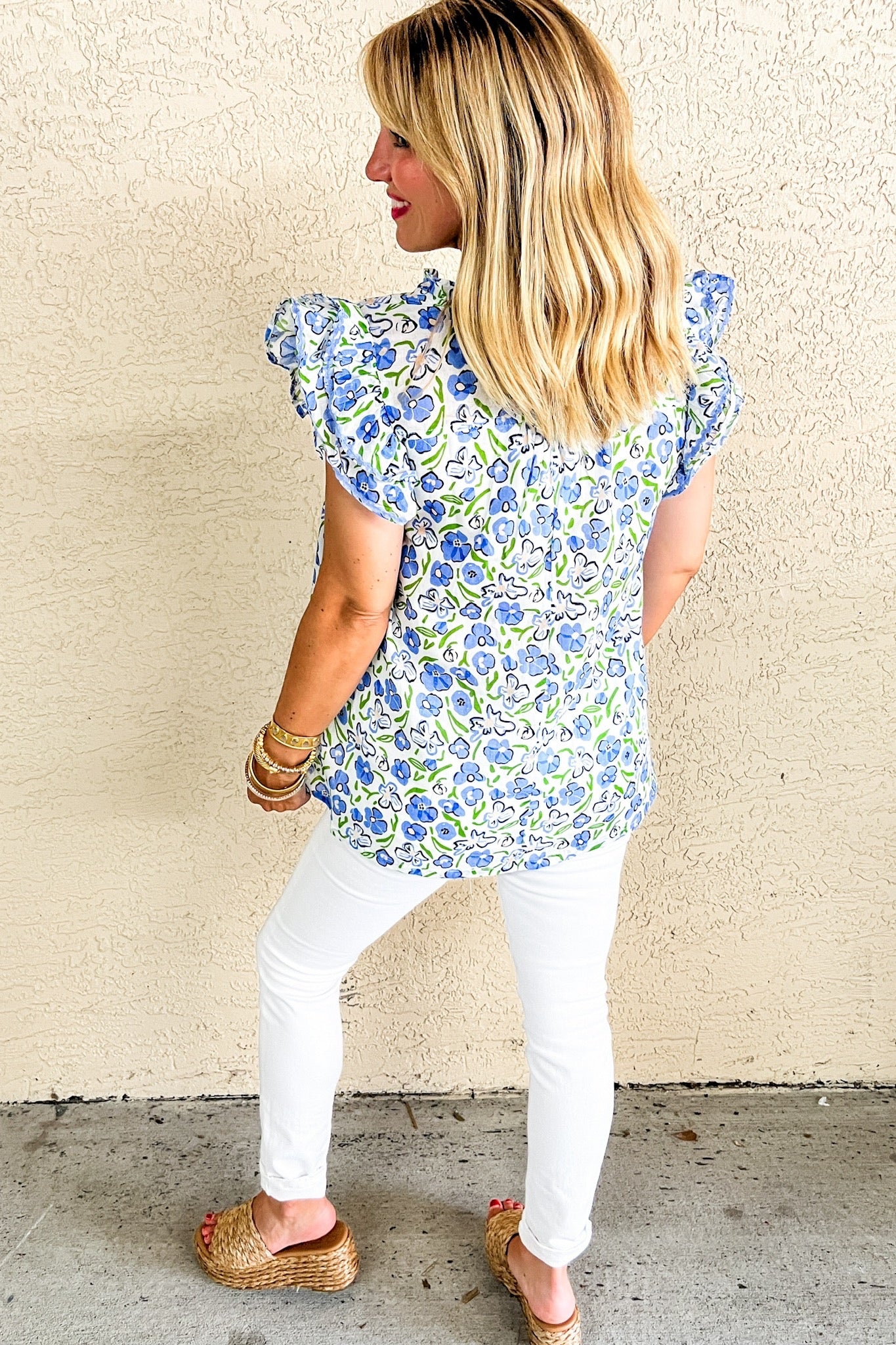 Blue Green Floral Ruffle Sleeve V Neck Top
