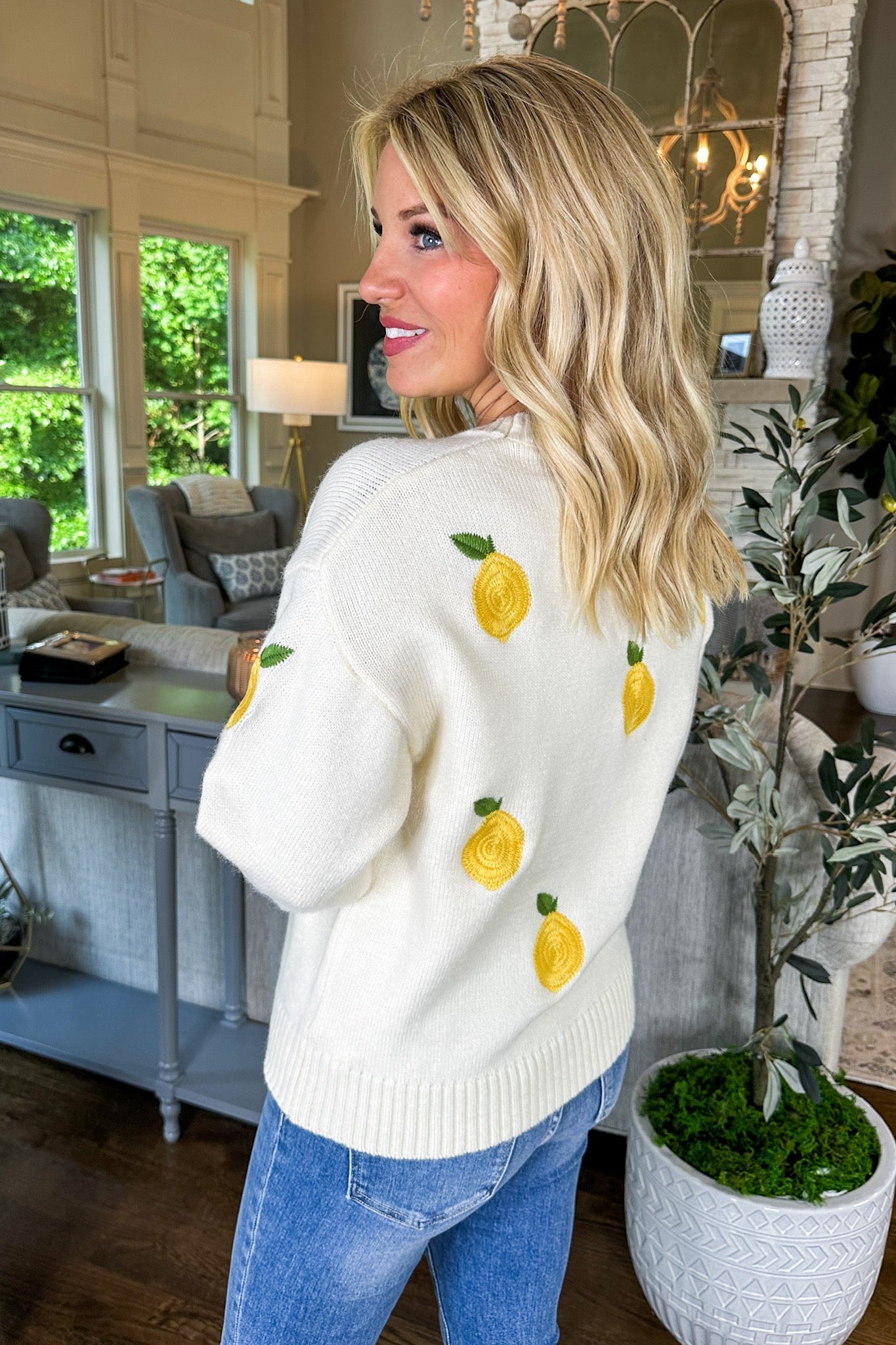 Embroidered Lemon Fruit Cream Knit Sweater