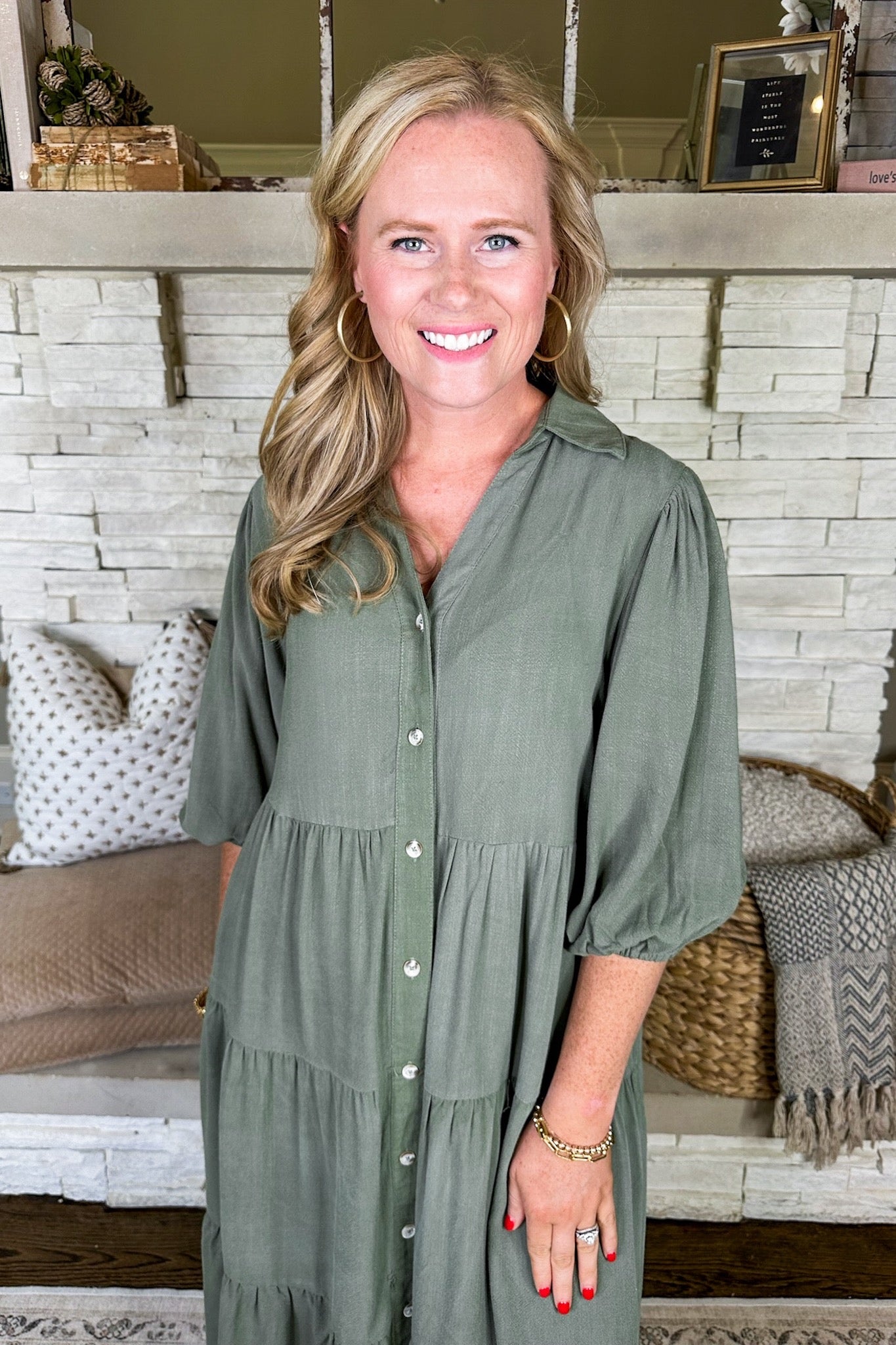 Light & Airy Button Down Tiered Midi Dress in Olive