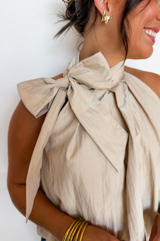 Classical Moment Halter Style Bow Top in Taupe