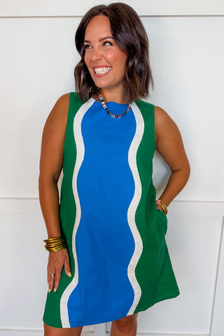 Made You Look Scallop Shift Dress in Green & Blue