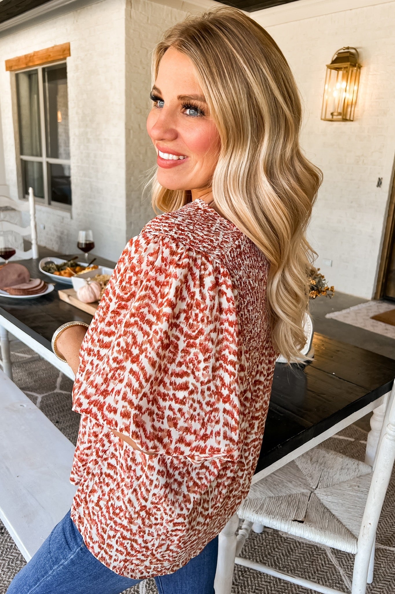 Spotted Pattern V Neck Bubble Sleeve Top in Terracotta