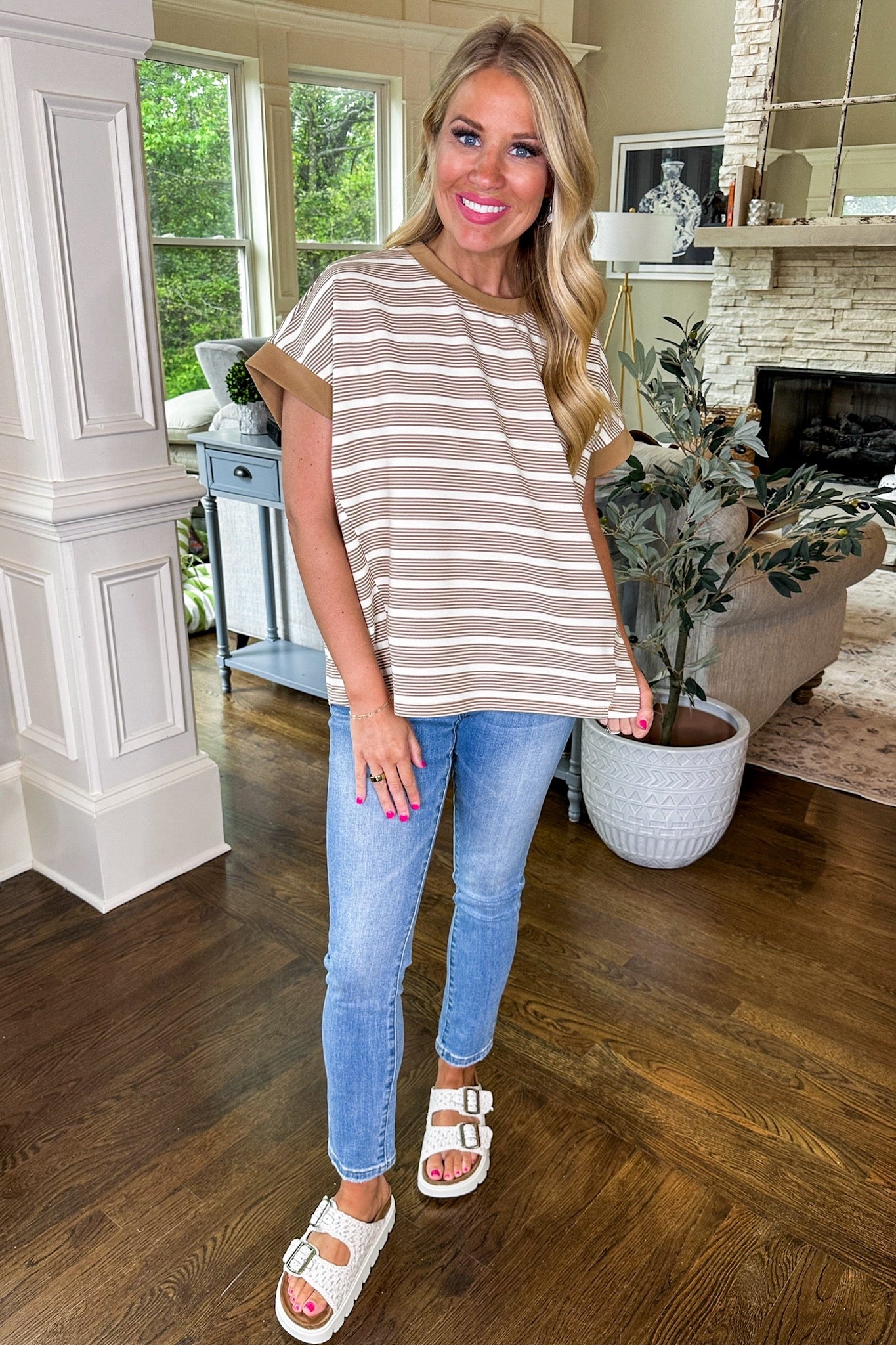 Textured Multi Stripe Loose Top in Caramel