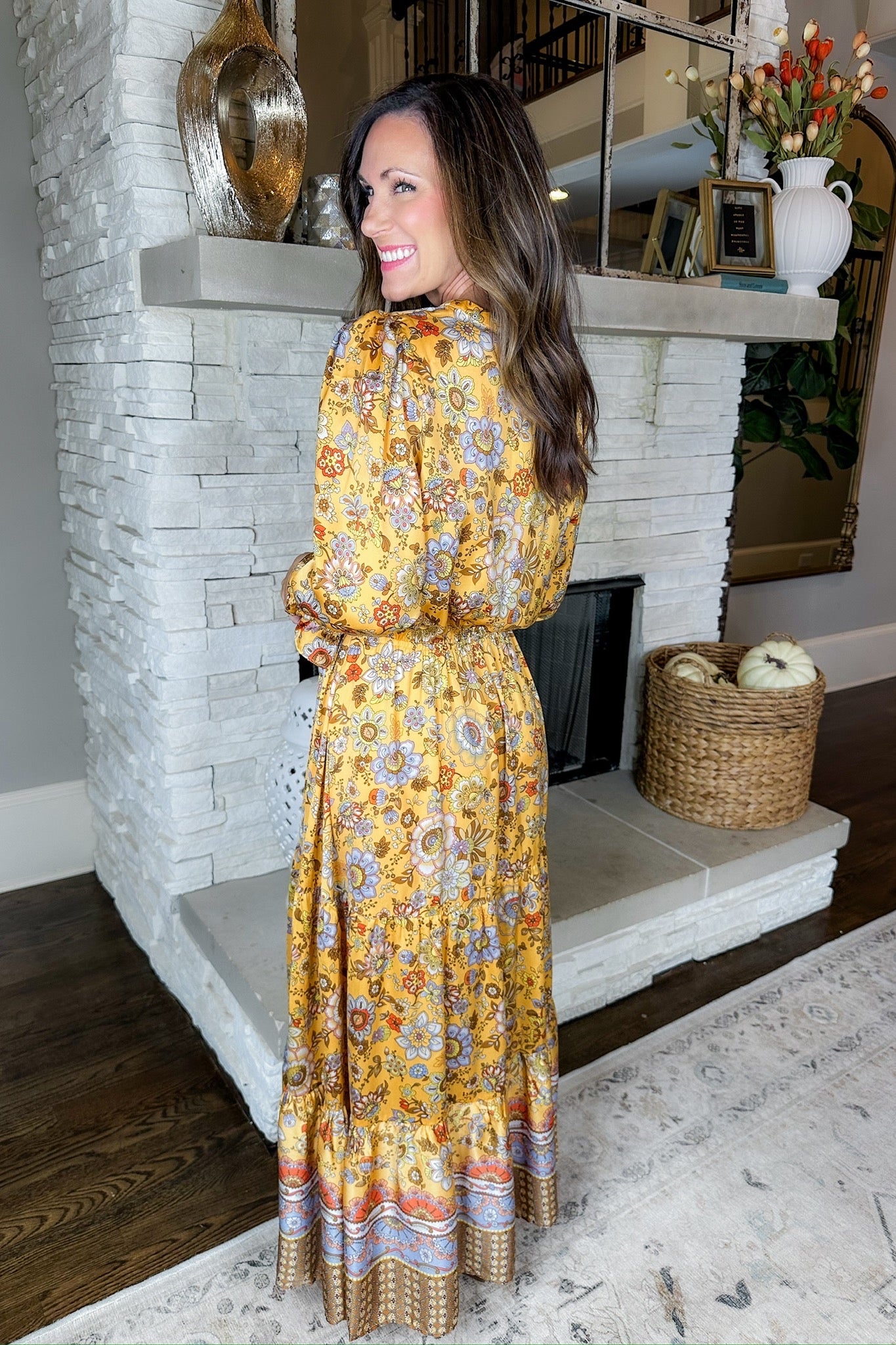 Satin Mustard Floral Tie Neck Elastic Waist Tiered Maxi Dress