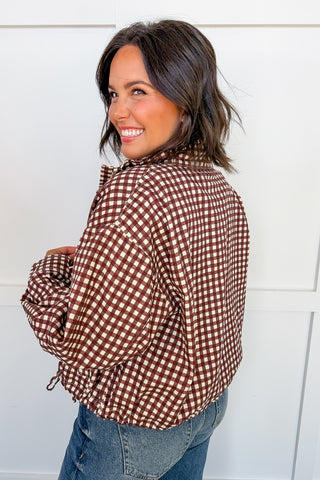 The Hadley Drawstring Pullover Jacket in Brown Gingham