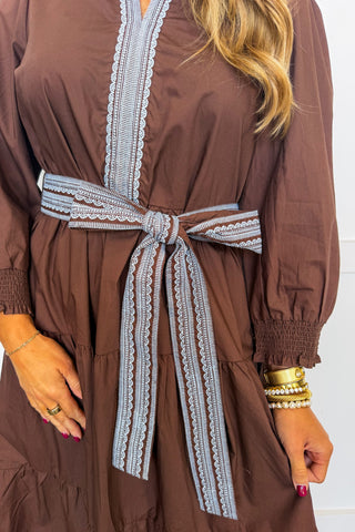 The Eleanor Embroidered Midi Dress in Espresso by Mary Square