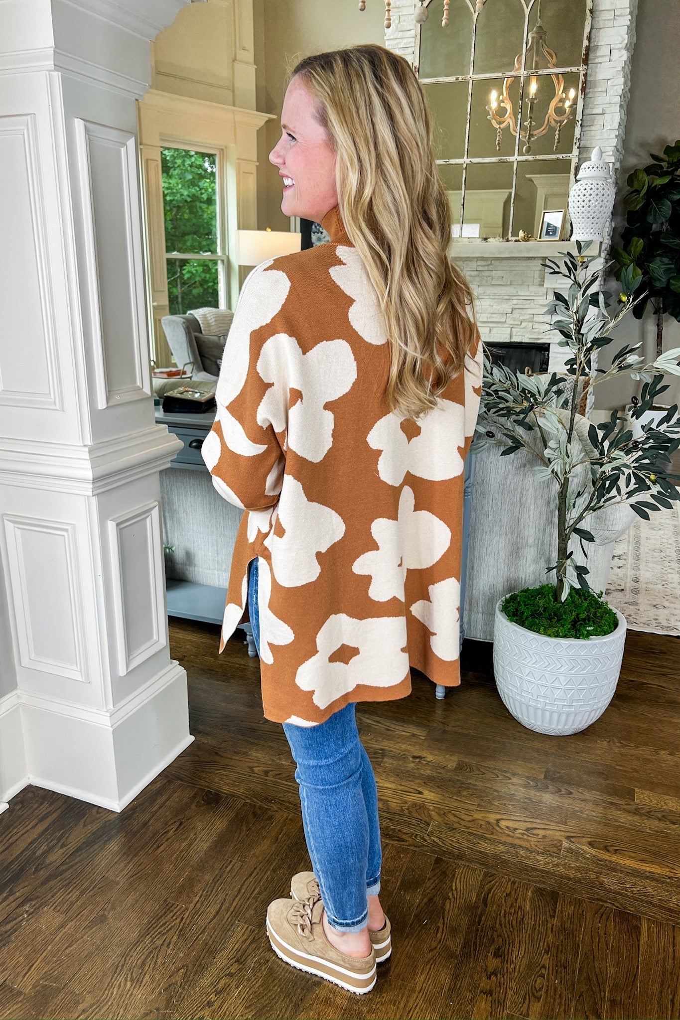 Mock Neck Toffee & Ivory Floral Poncho Sweater