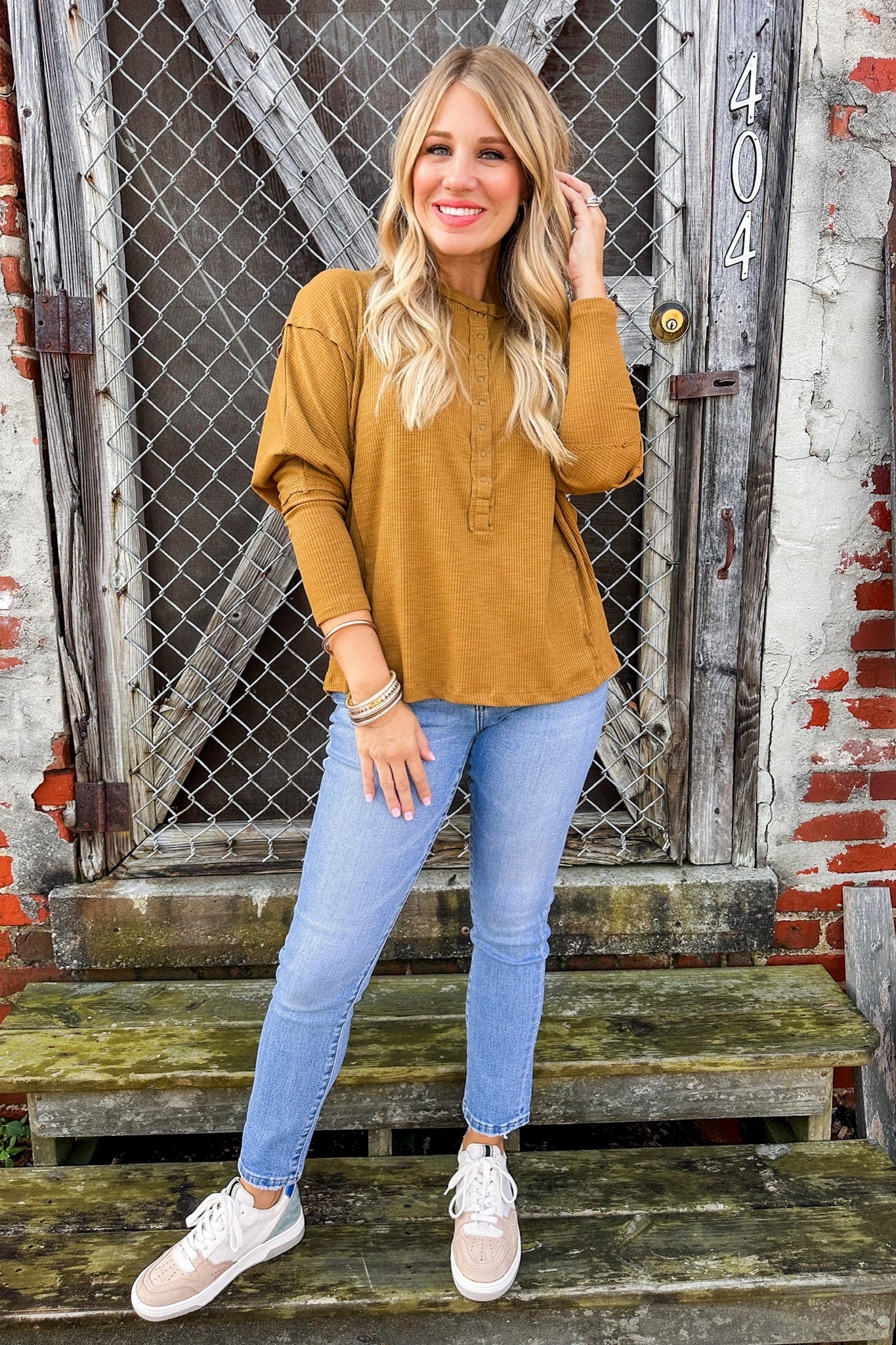 Ribbed Half Button Down Dolman Top in Honey