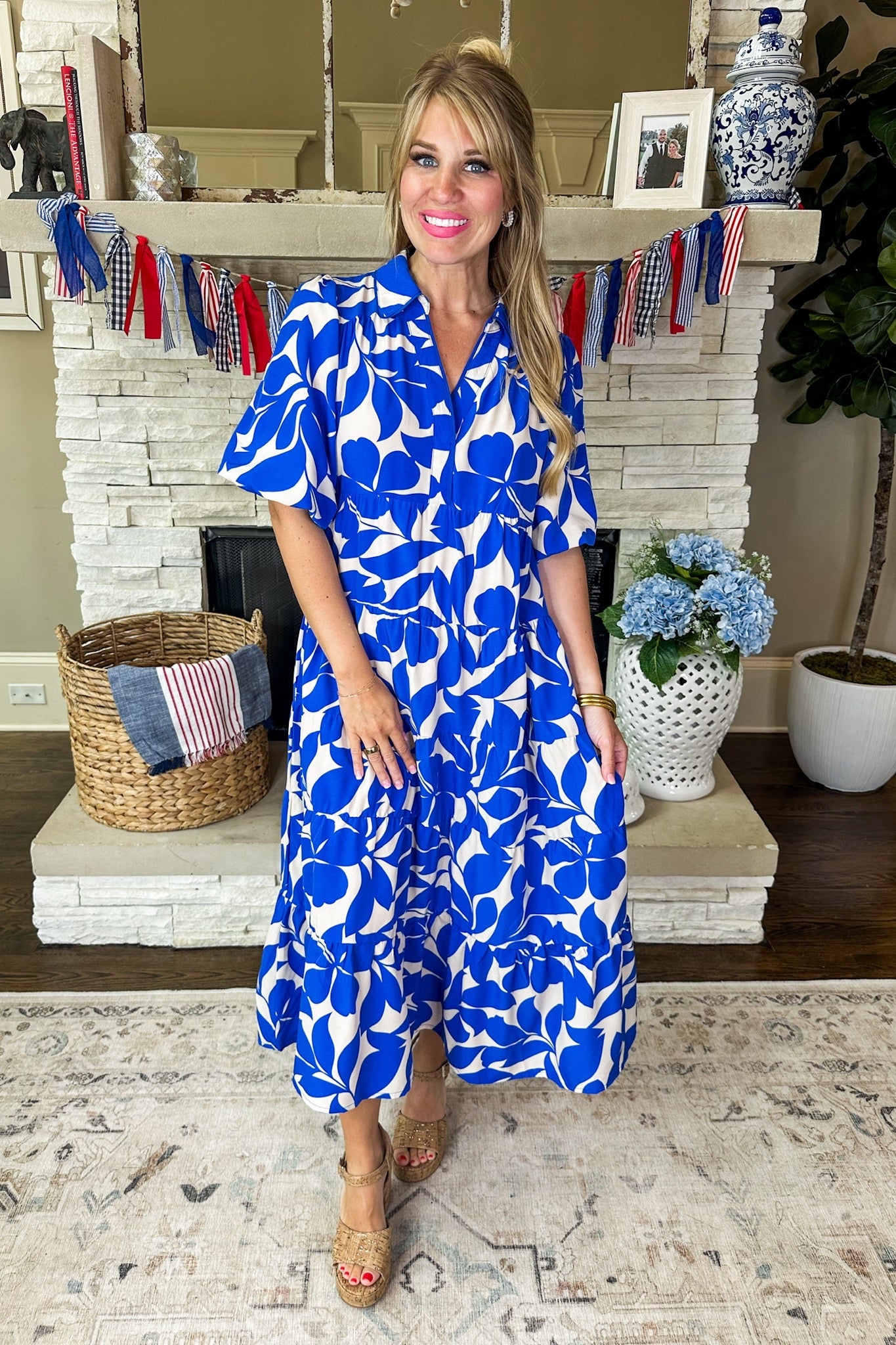 Royal Blue & White Bubble Sleeve Collared Tiered Midi Dress