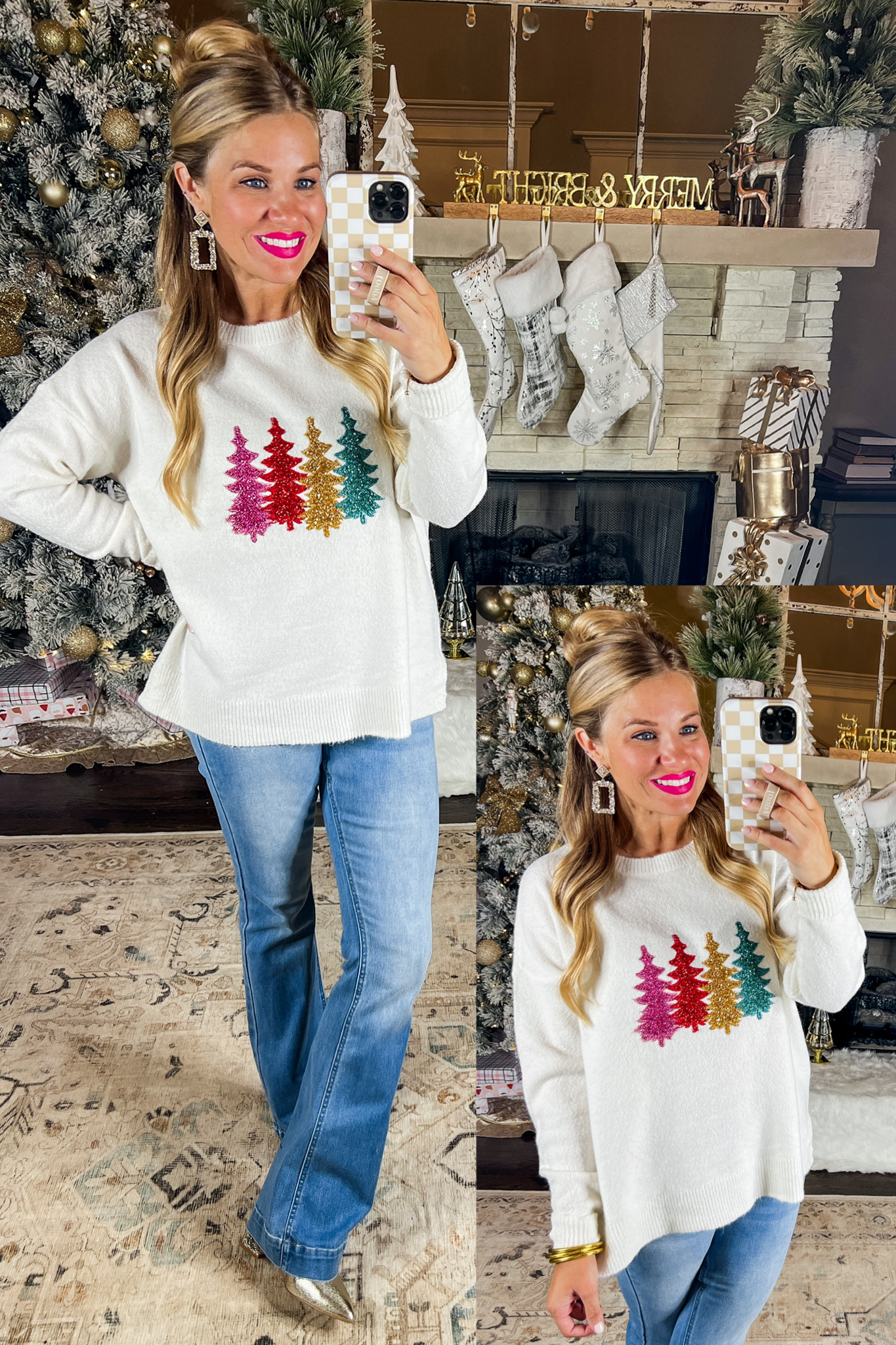 Embroidered Tinsel Christmas Trees Sweater in Ivory