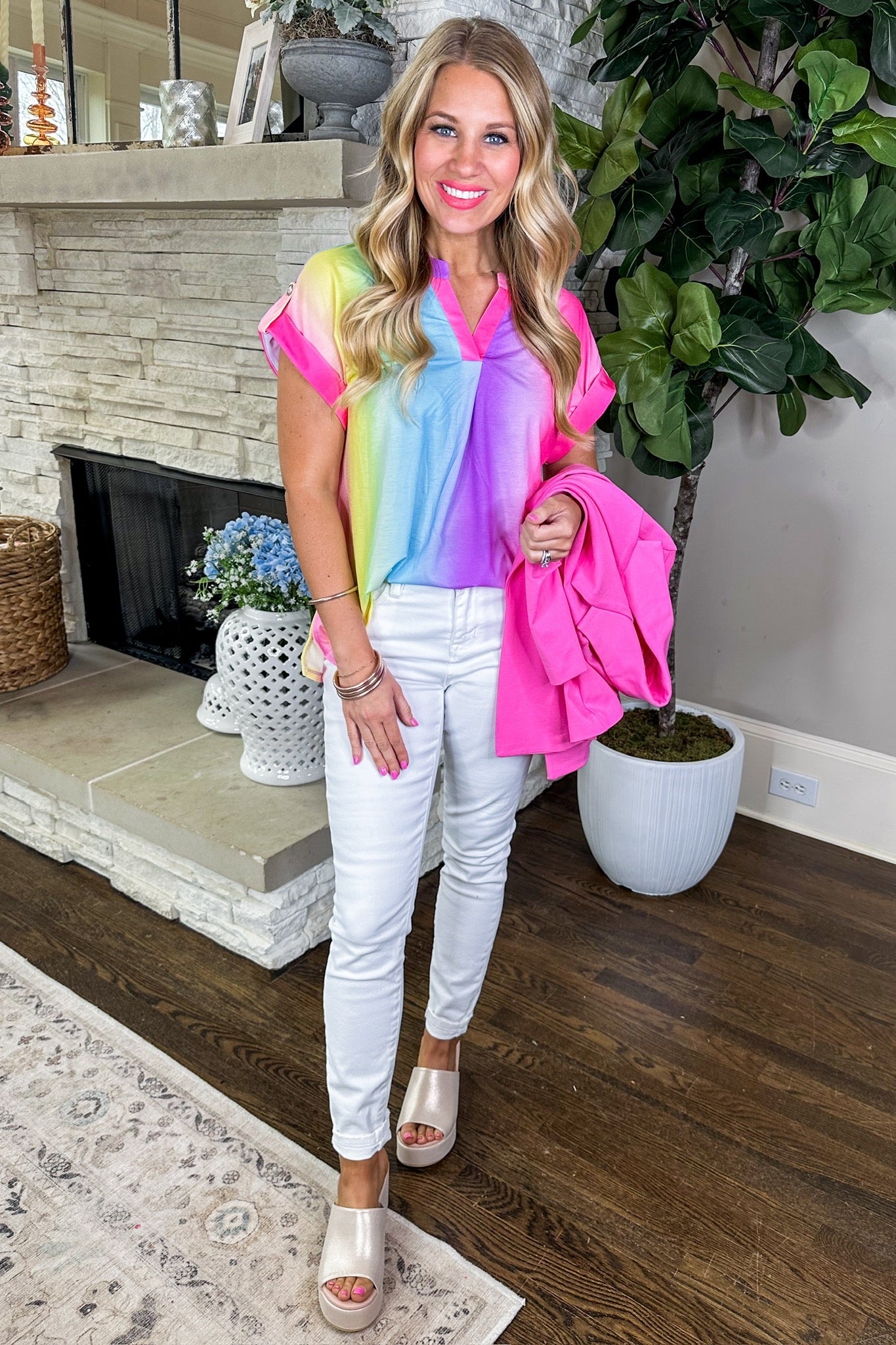 The Lizzy Short Sleeve Top in Ombre Rainbow
