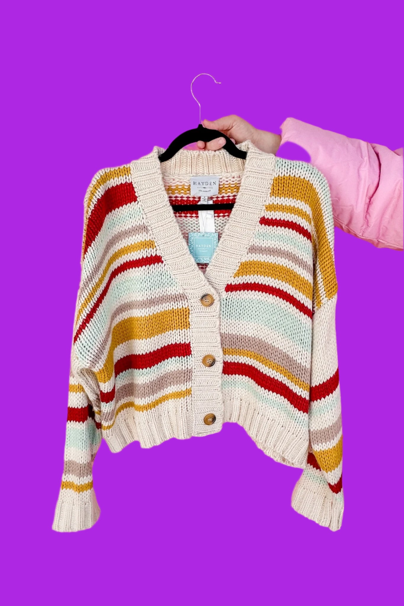 Striped Jewel Toned Button Down V Neck Sweater Cardigan