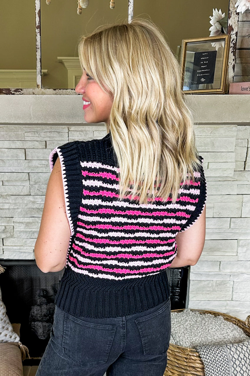 Pink Multi Stripe Cap Sleeve Knit Top in Black