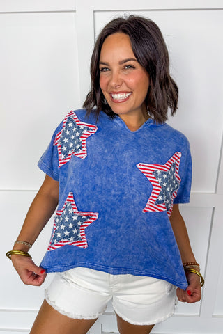 Patchwork Star Patriot Washed Blue Tee