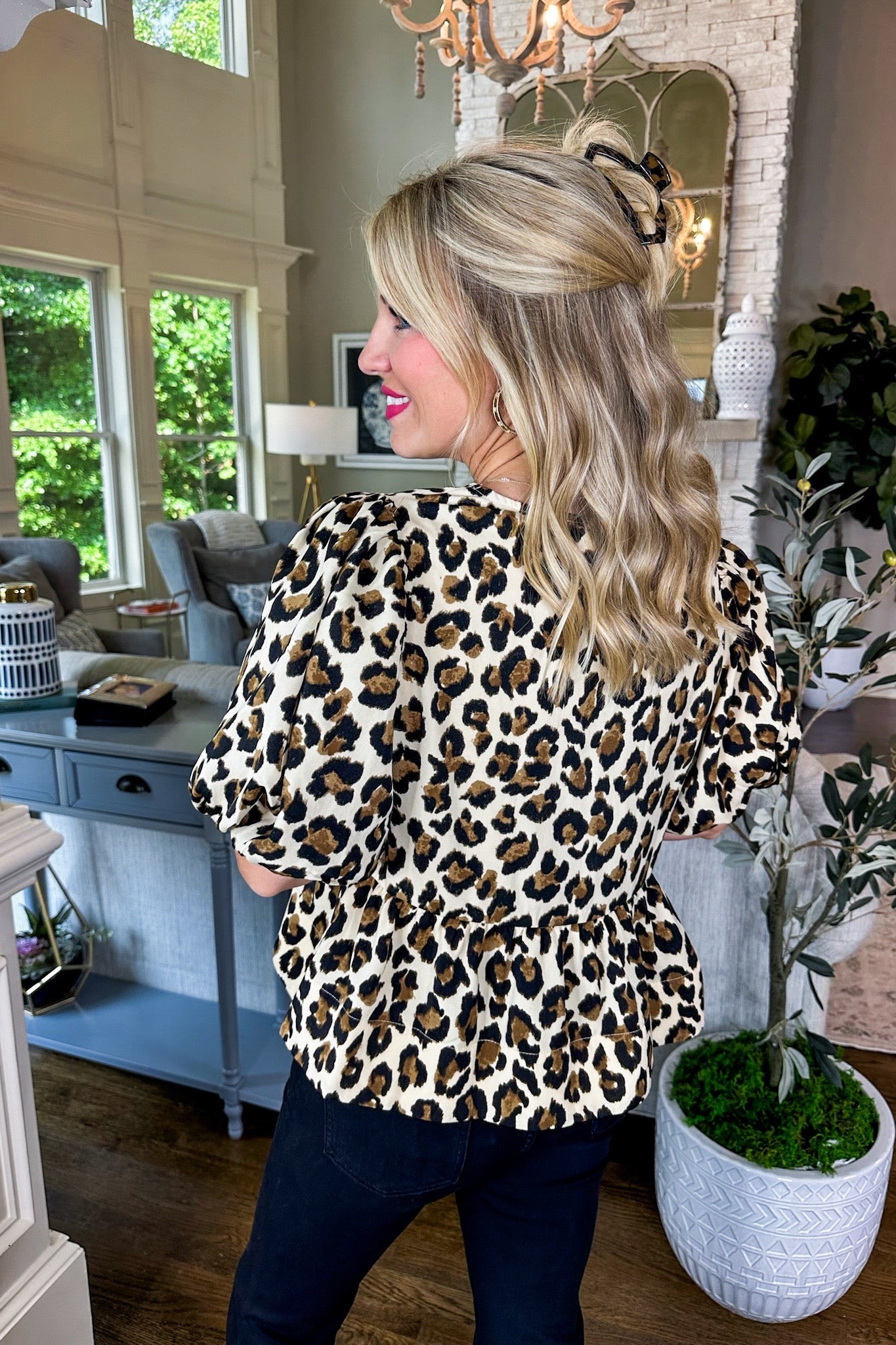 Cheetah Puff Sleeve Bow Tie Peplum Top