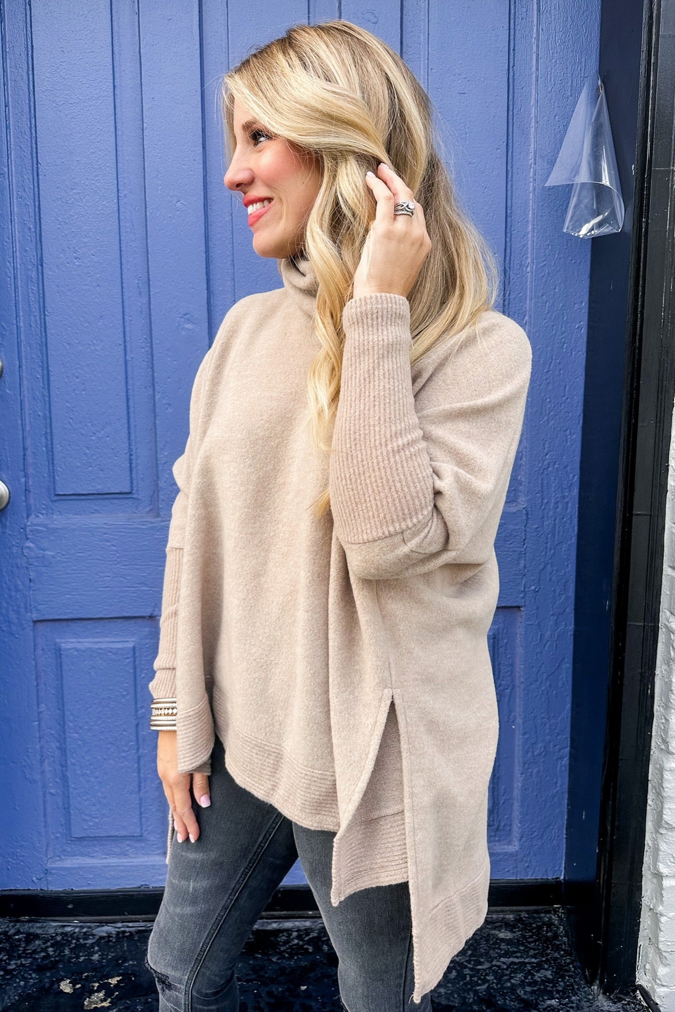 Soft Fleece Cowl Neck Oversized Top in Taupe
