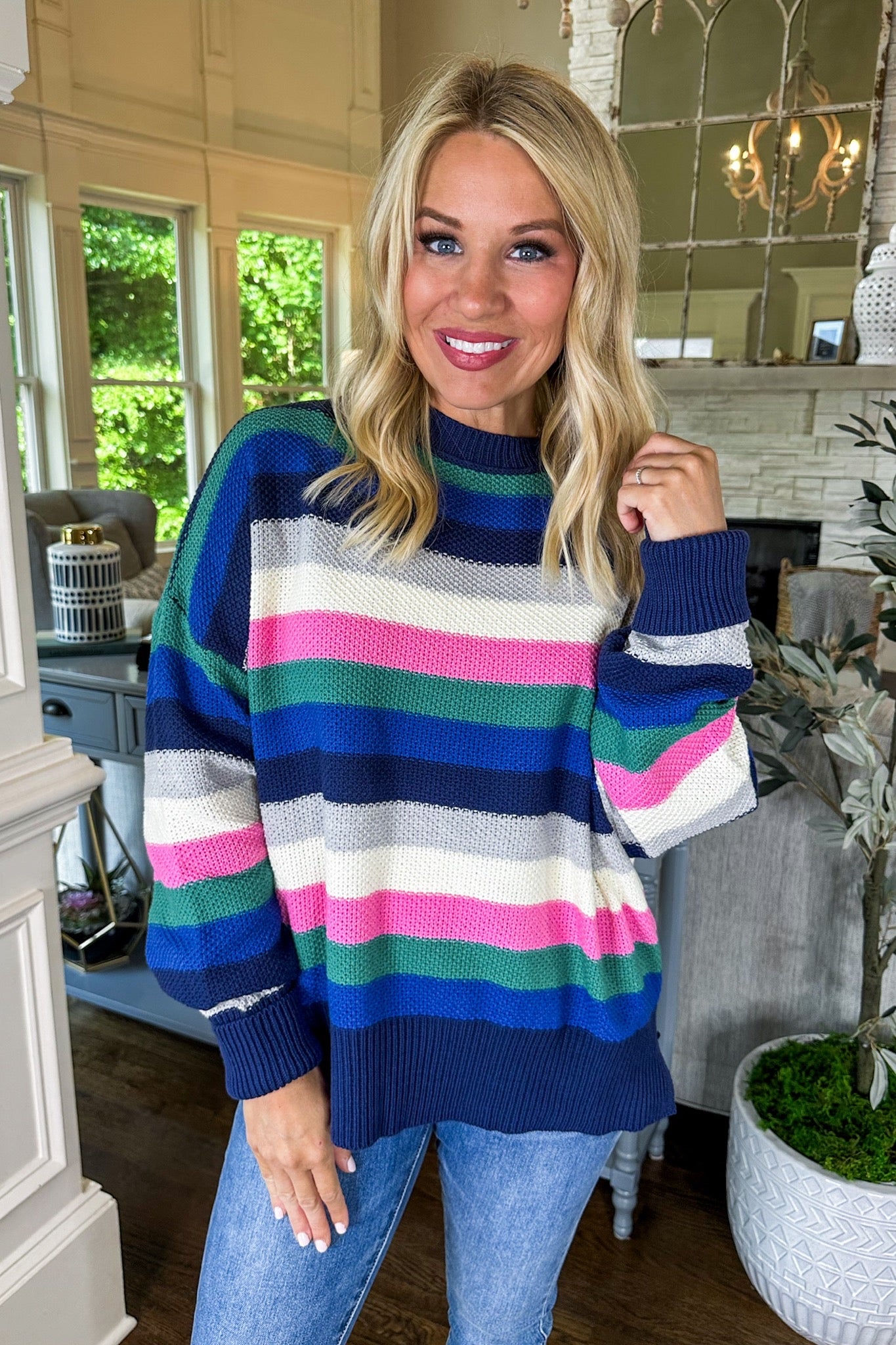 Oversized Multi Color Striped Knit Sweater in Navy Mix