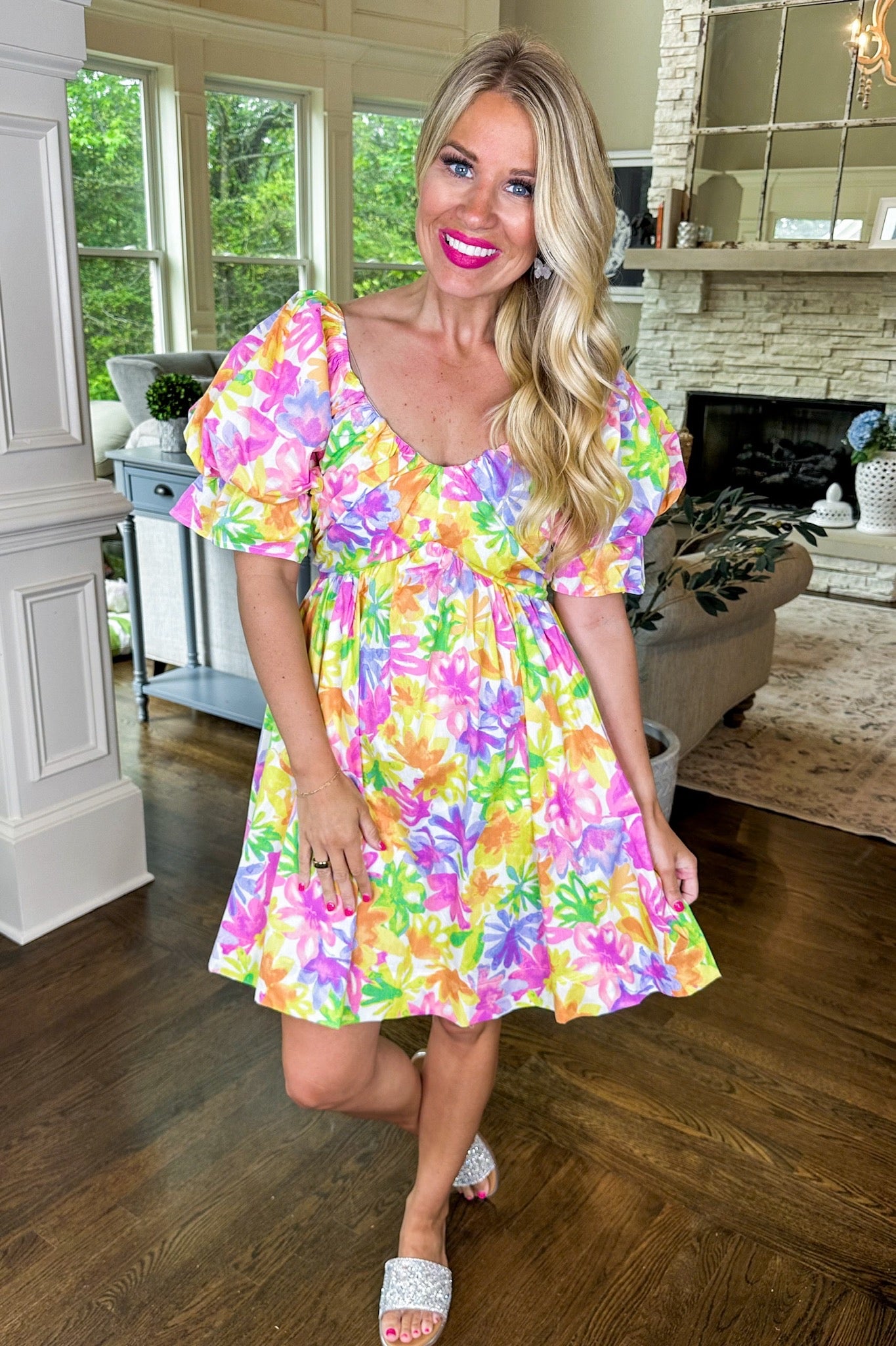 Luxe Puff Sleeve Gathered Scoop Neck Floral Dress