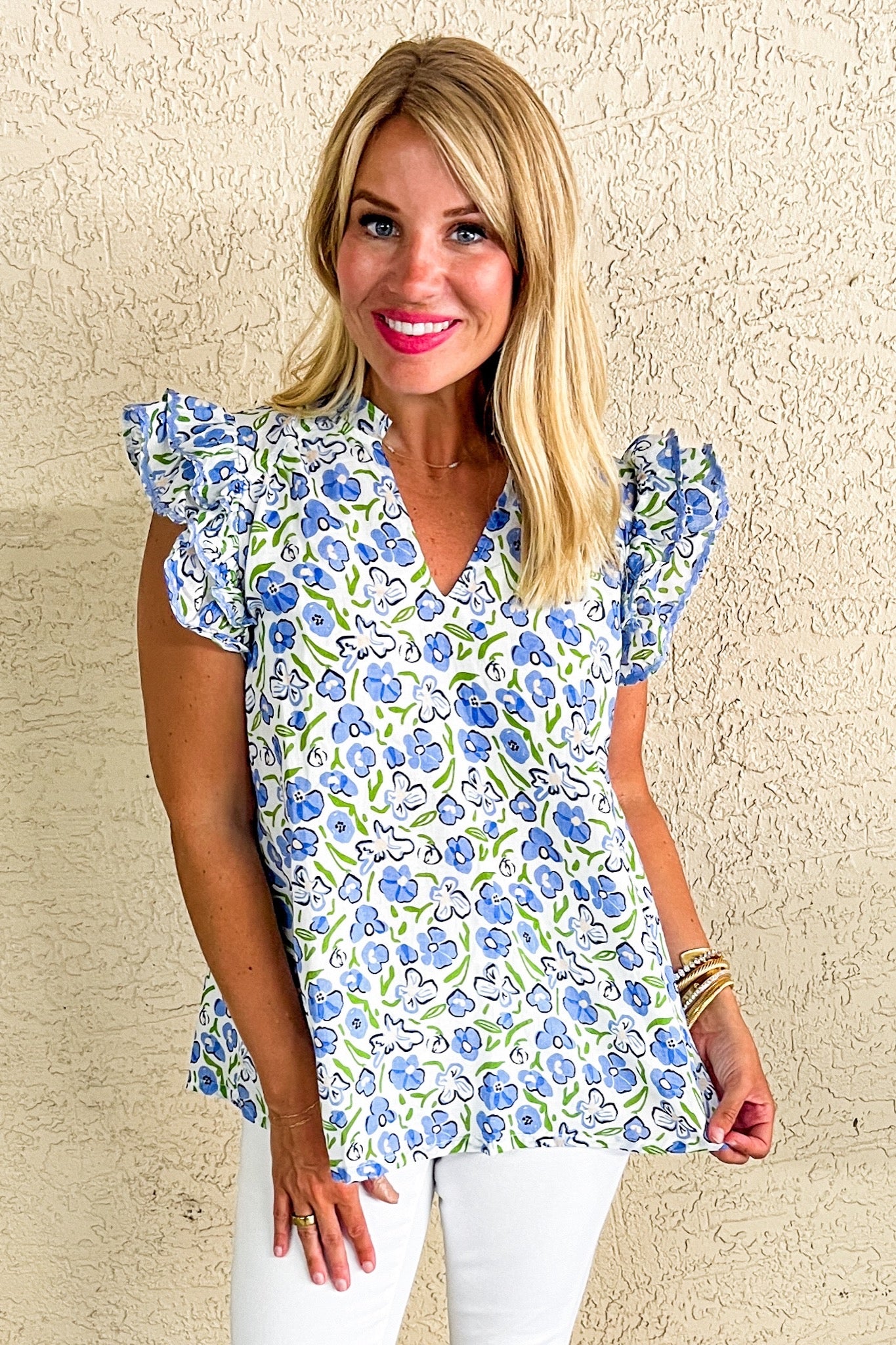 Blue Green Floral Ruffle Sleeve V Neck Top