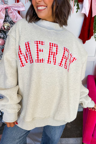 Very Merry Gingham Patch Mock Neck Sweatshirt in Heather Grey