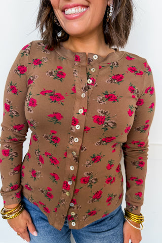 Vintage Floral Button Down Long Sleeve Top in Mocha