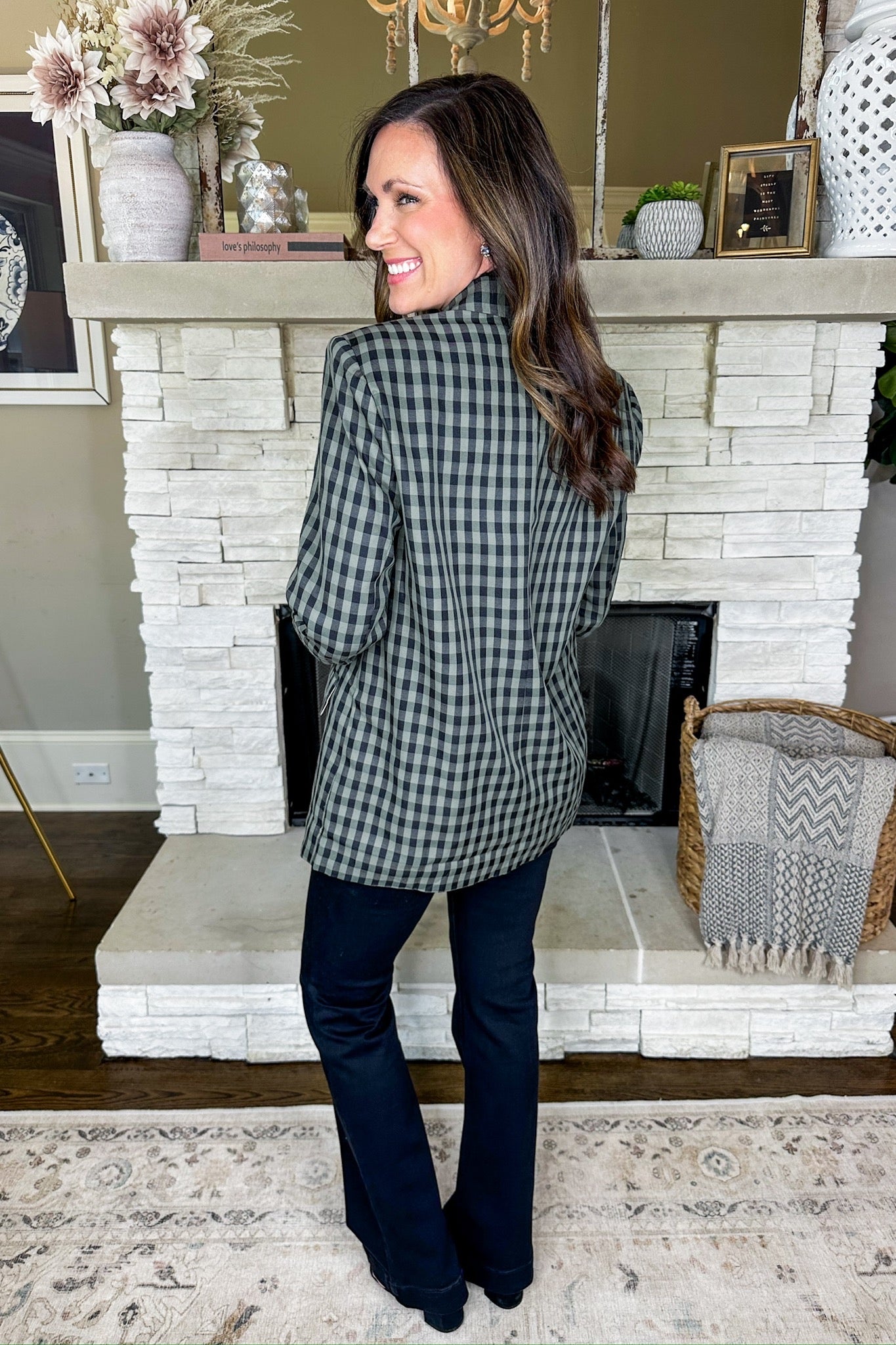 Green/Black Gingham Print Pocketed Button Blazer