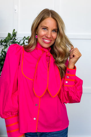 Tied And True Contrast Trim Top in Hot Pink