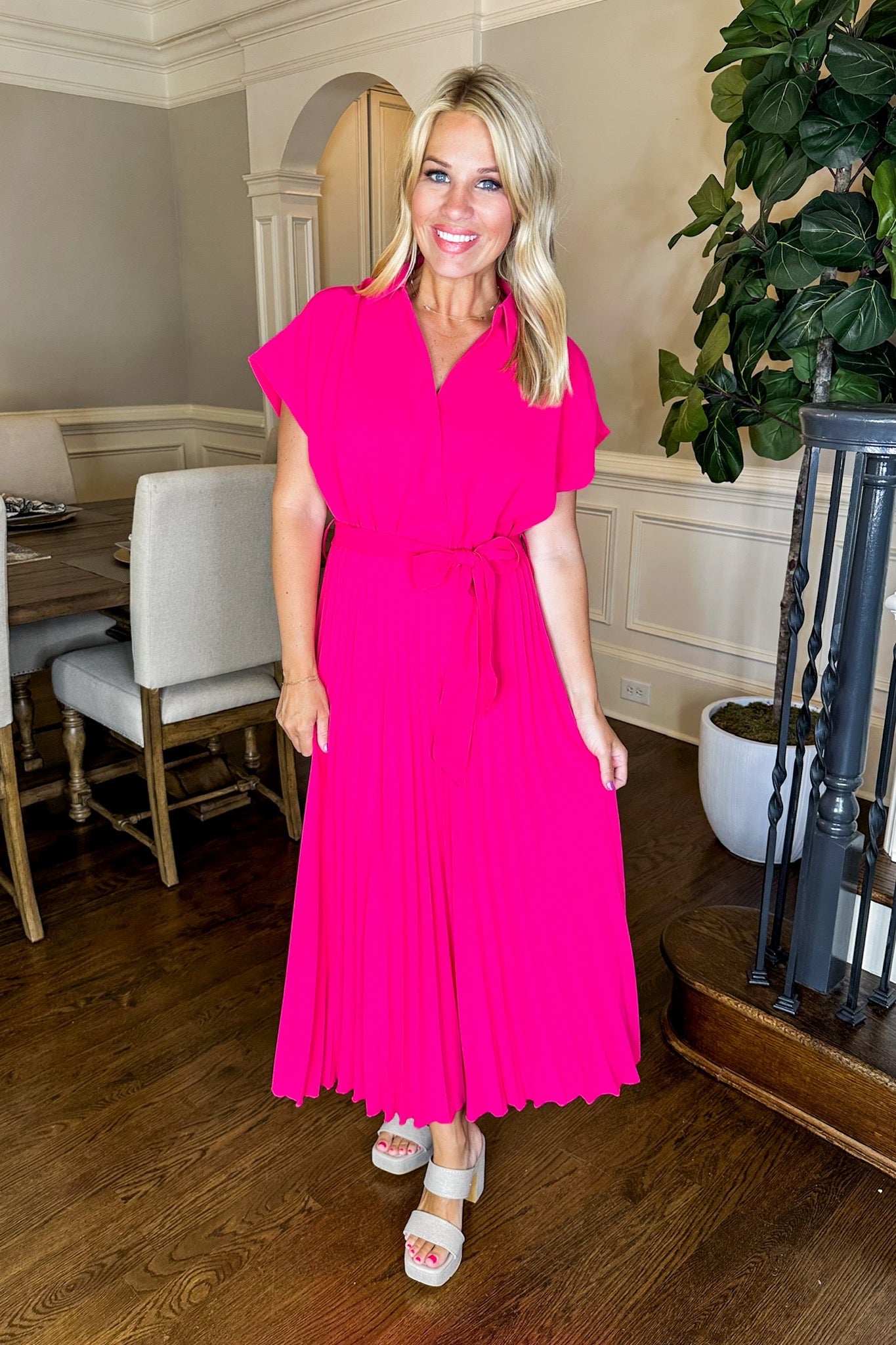 Hot Pink Pleated Tie Waist Collared Midi Dress