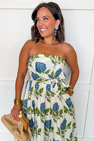 The Emily Strapless Midi Dress in Hydrangea