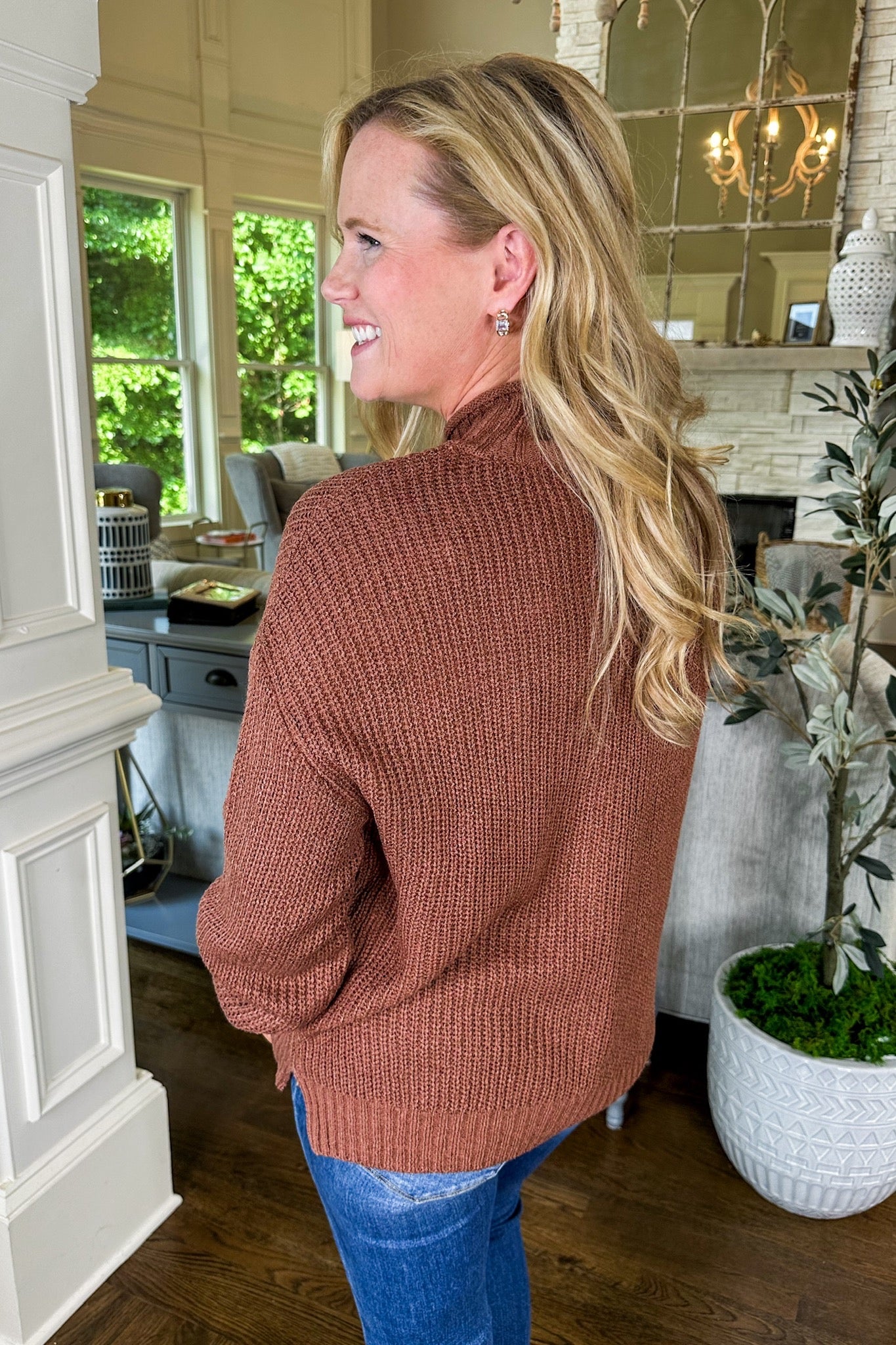 Oversized Rolled Ribbed Mock Neck Knit Sweater in Rust