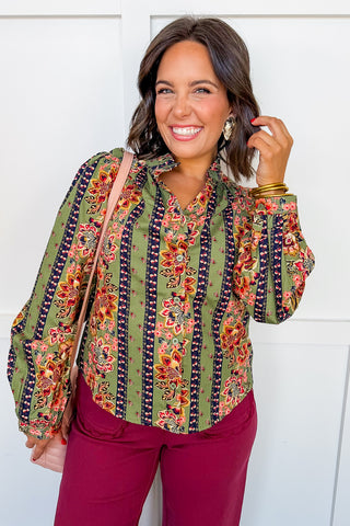 Ruffle Romance Floral Blouse in Dusty Sage