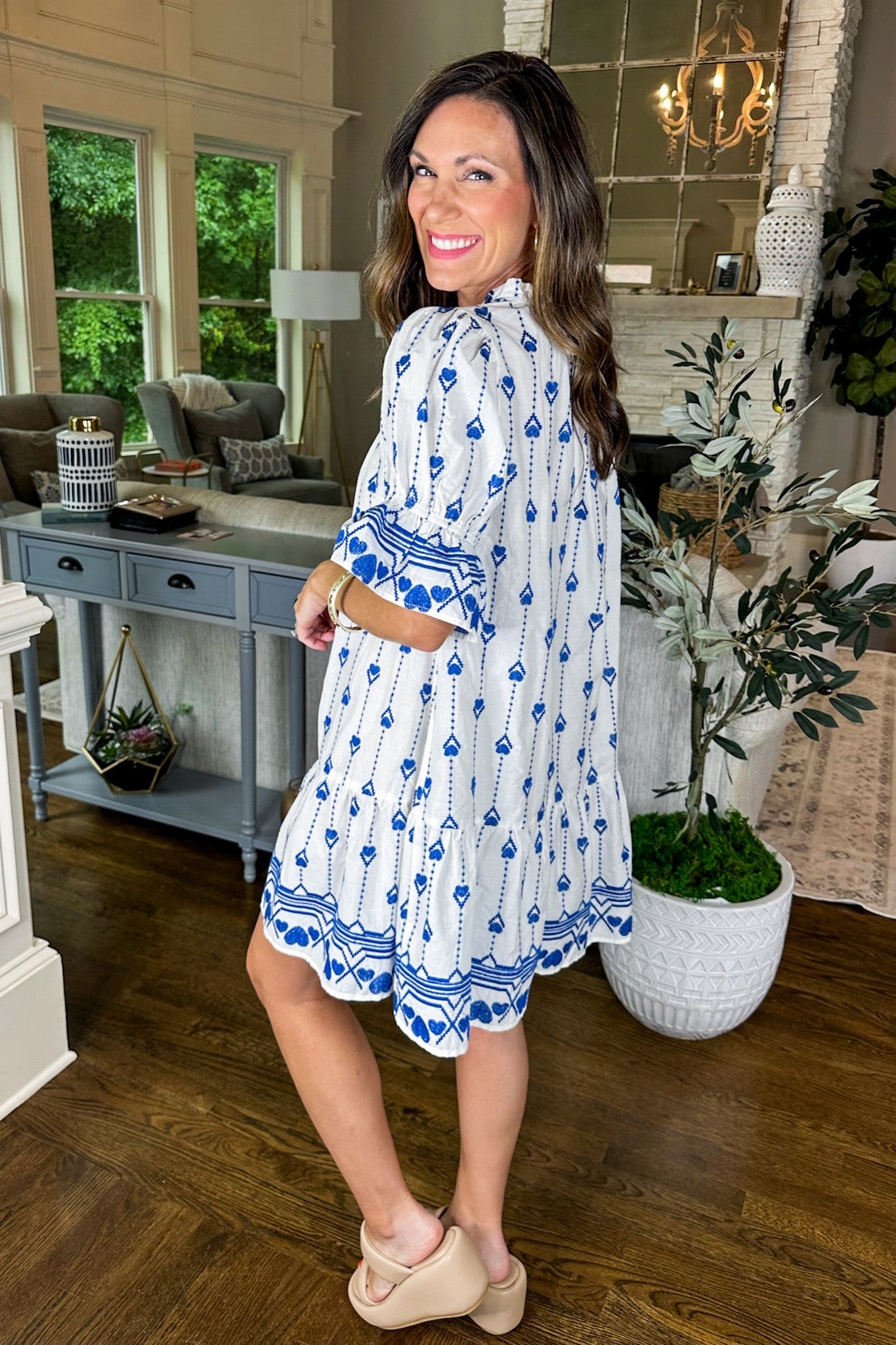 Detailed Embroidery Tassel Short Sleeve Dress in Blue