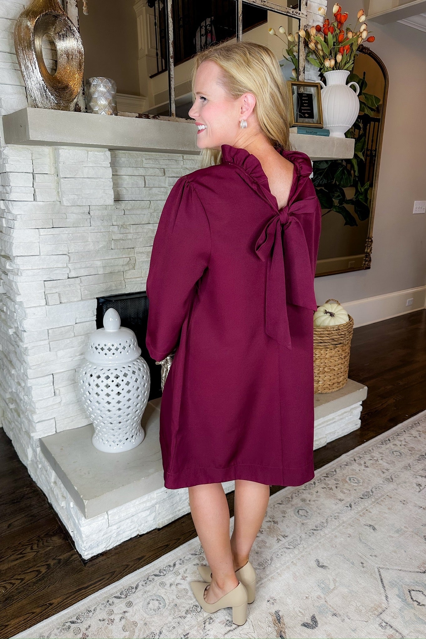 Sophisticated Sangria Ruffle Tie Neck Bell Sleeve Dress