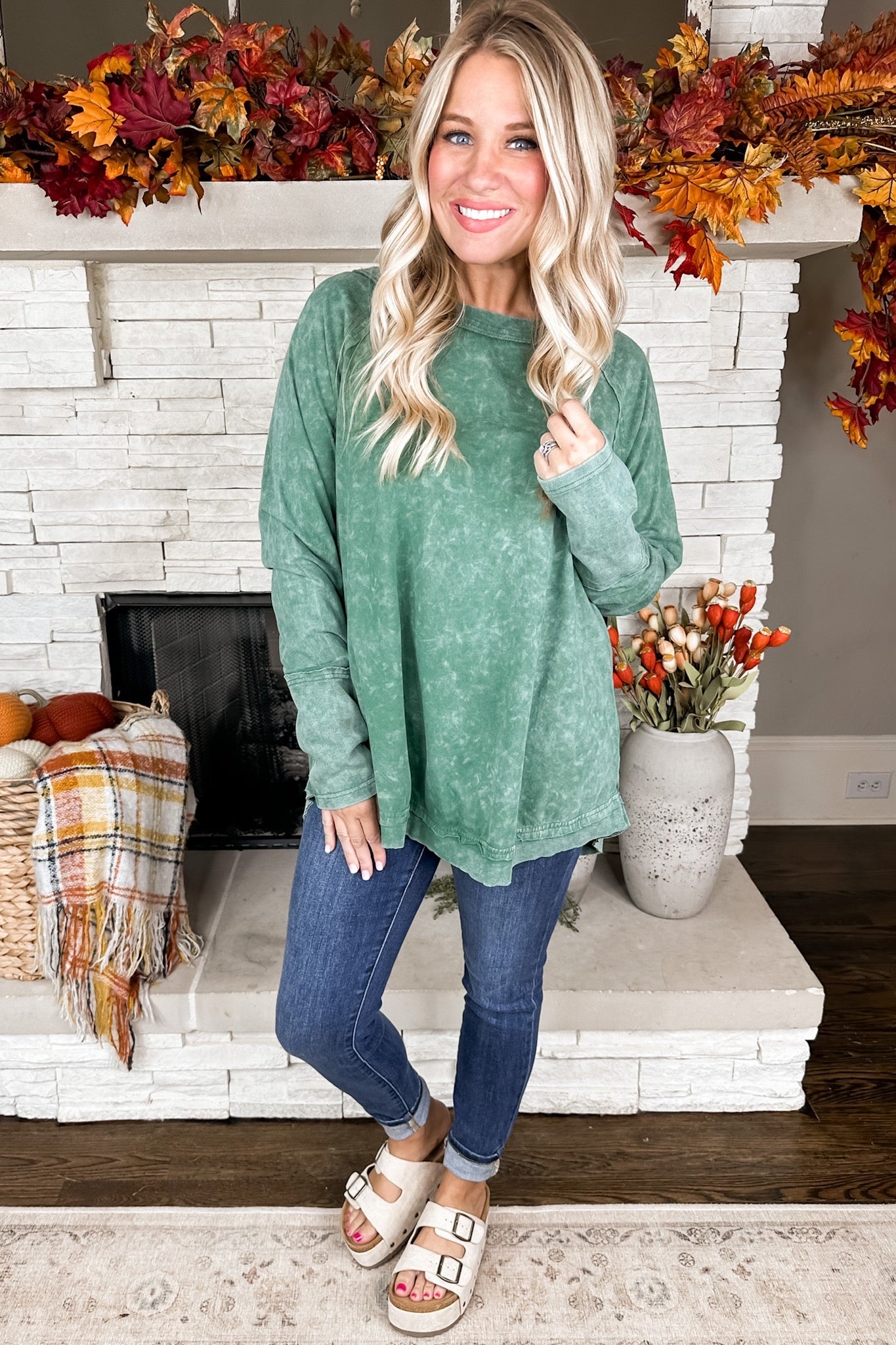 Mineral Wash Oversized Exposed Seam Green Top