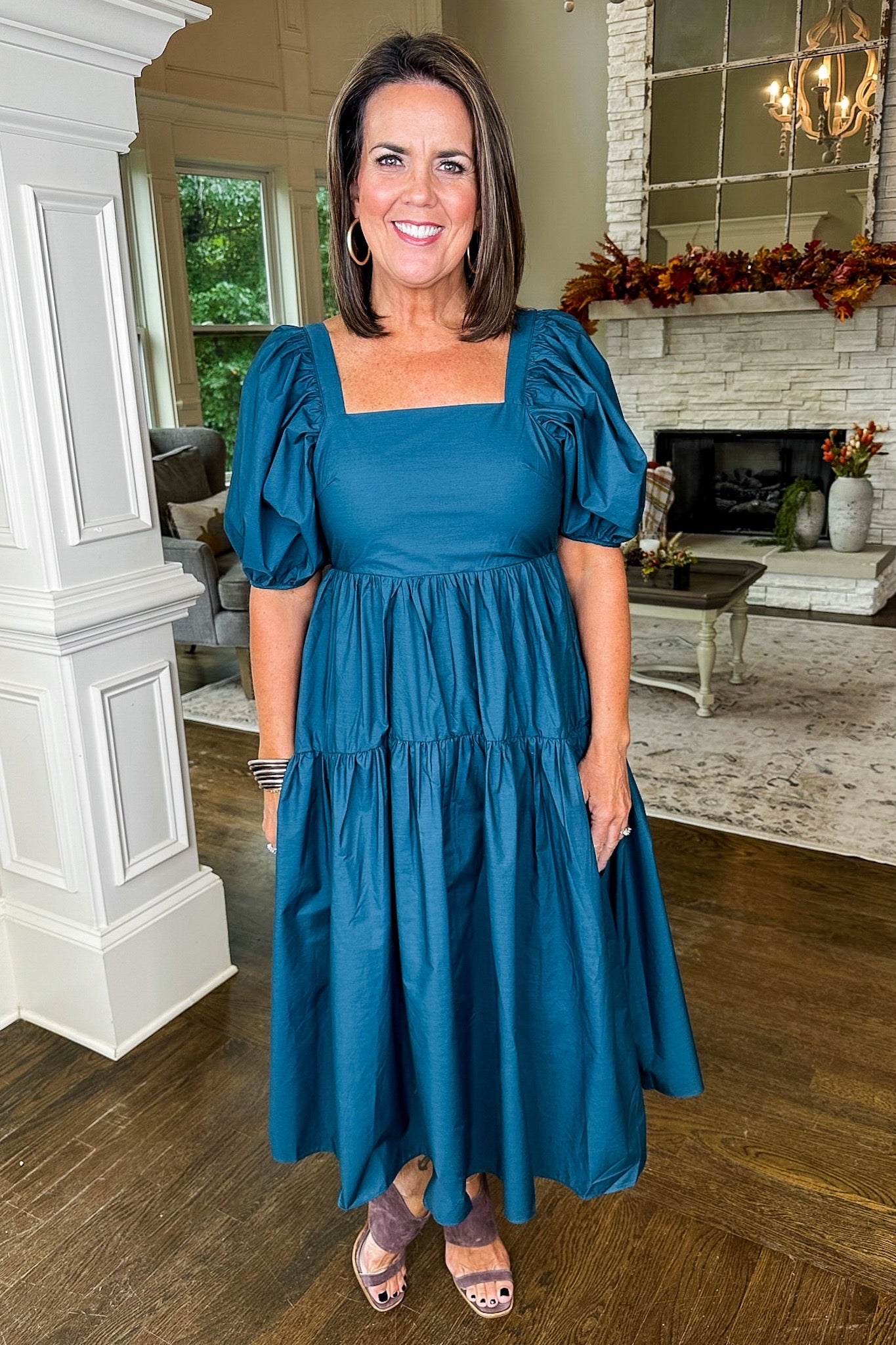 Square Neck Puff Sleeve Tiered Midi Dress in Teal