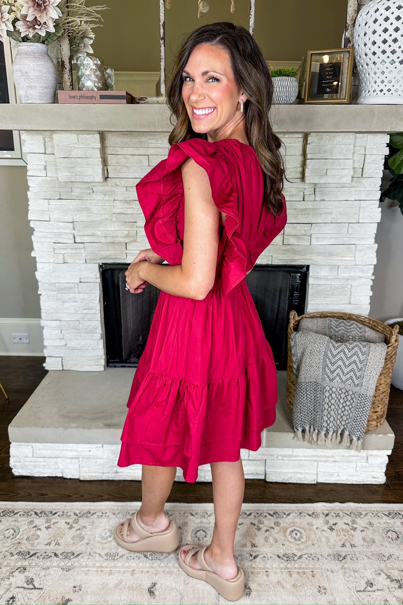 Crimson Pleated Waist Ruffle Sleeve V Neck Dress