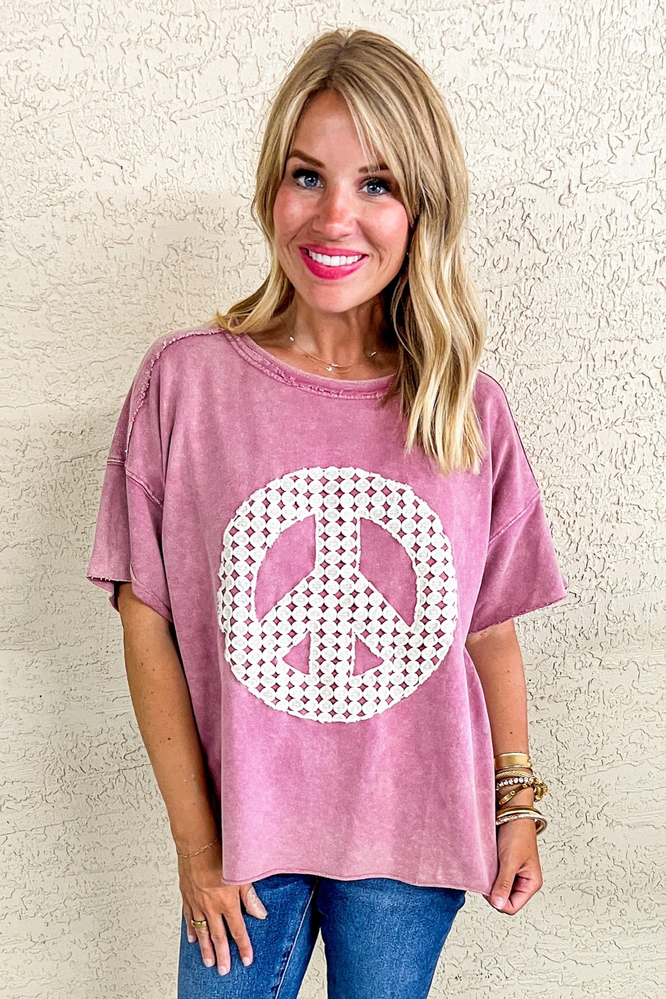 Lace Peace Sign Mineral Wash Oversized Top