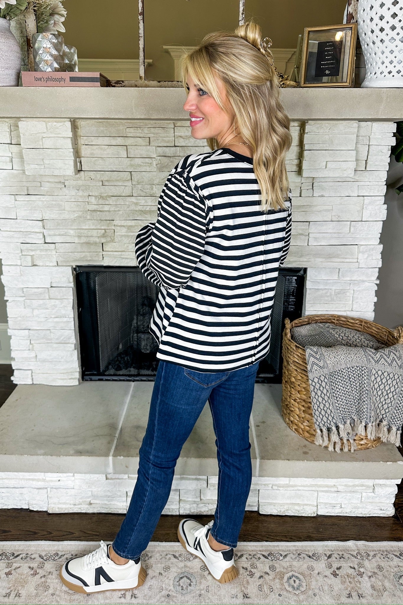 Exposed Seam Casual Stripe Long Sleeve Top in Black