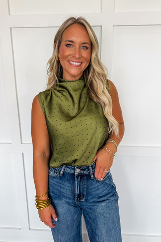 On The Dot Satin Top in Olive