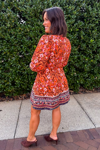 Wanderlust Border Print Mini Dress in Desert Salmon
