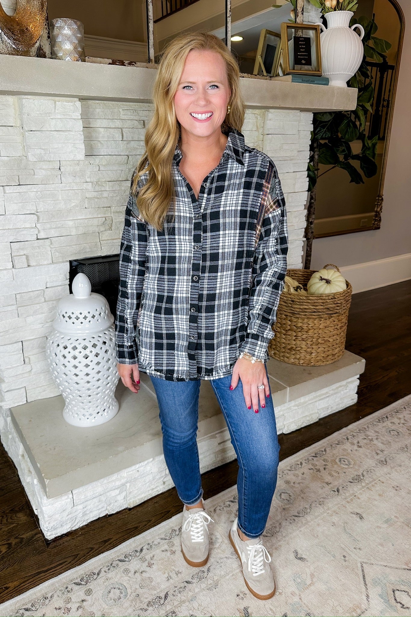 Mixed Plaid Button Down Black Flannel