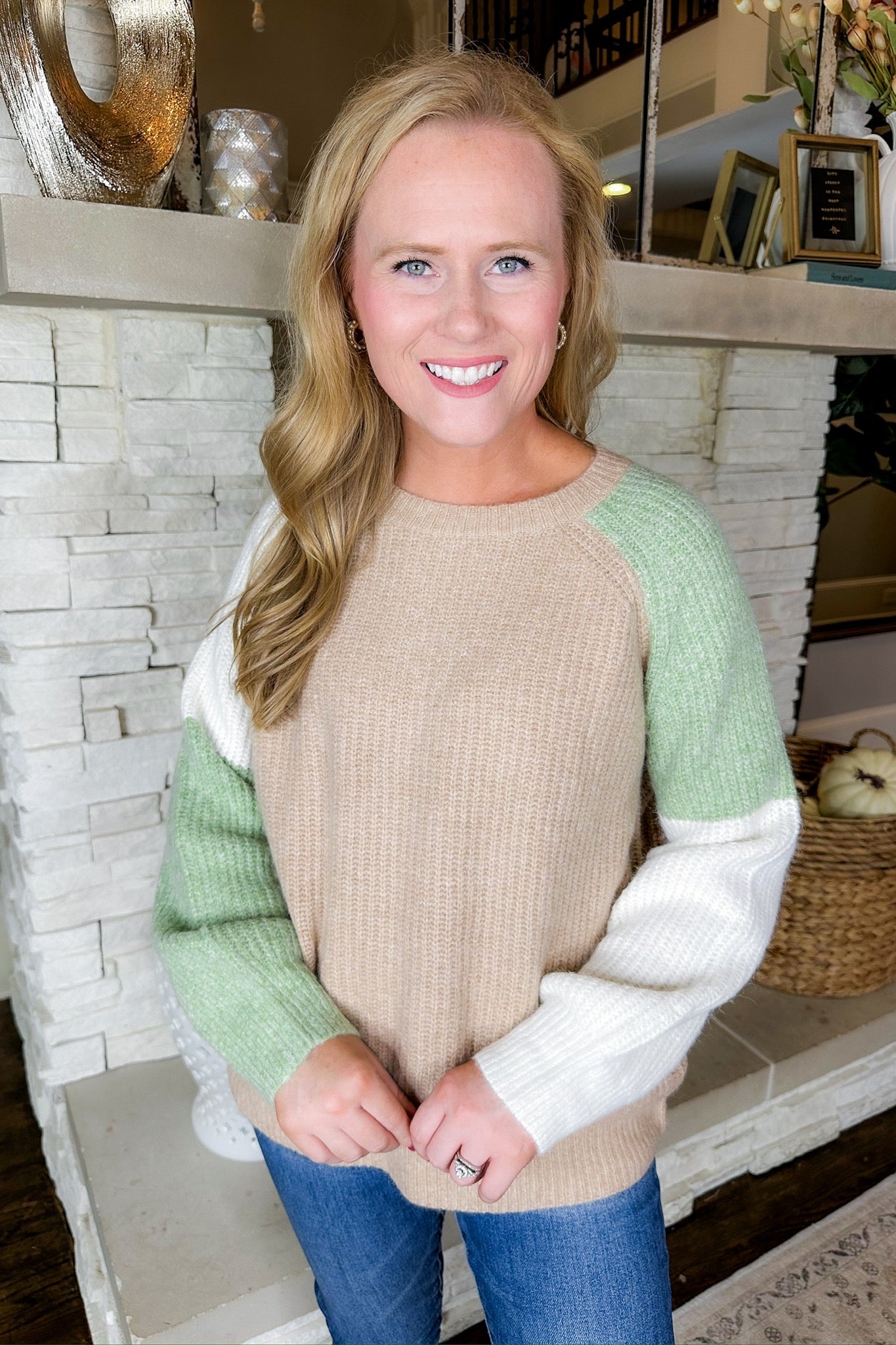 Soft Knit Throw On & Go Taupe Mix Color Block Sweater